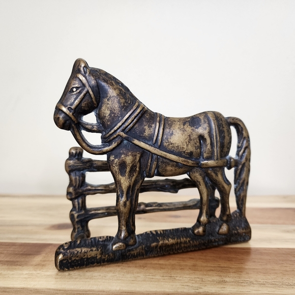 Art Nouveau Vintage Brass Horse Letter Napkin Holder Fence Aged Brass MCM Farm - Picture 2 of 6